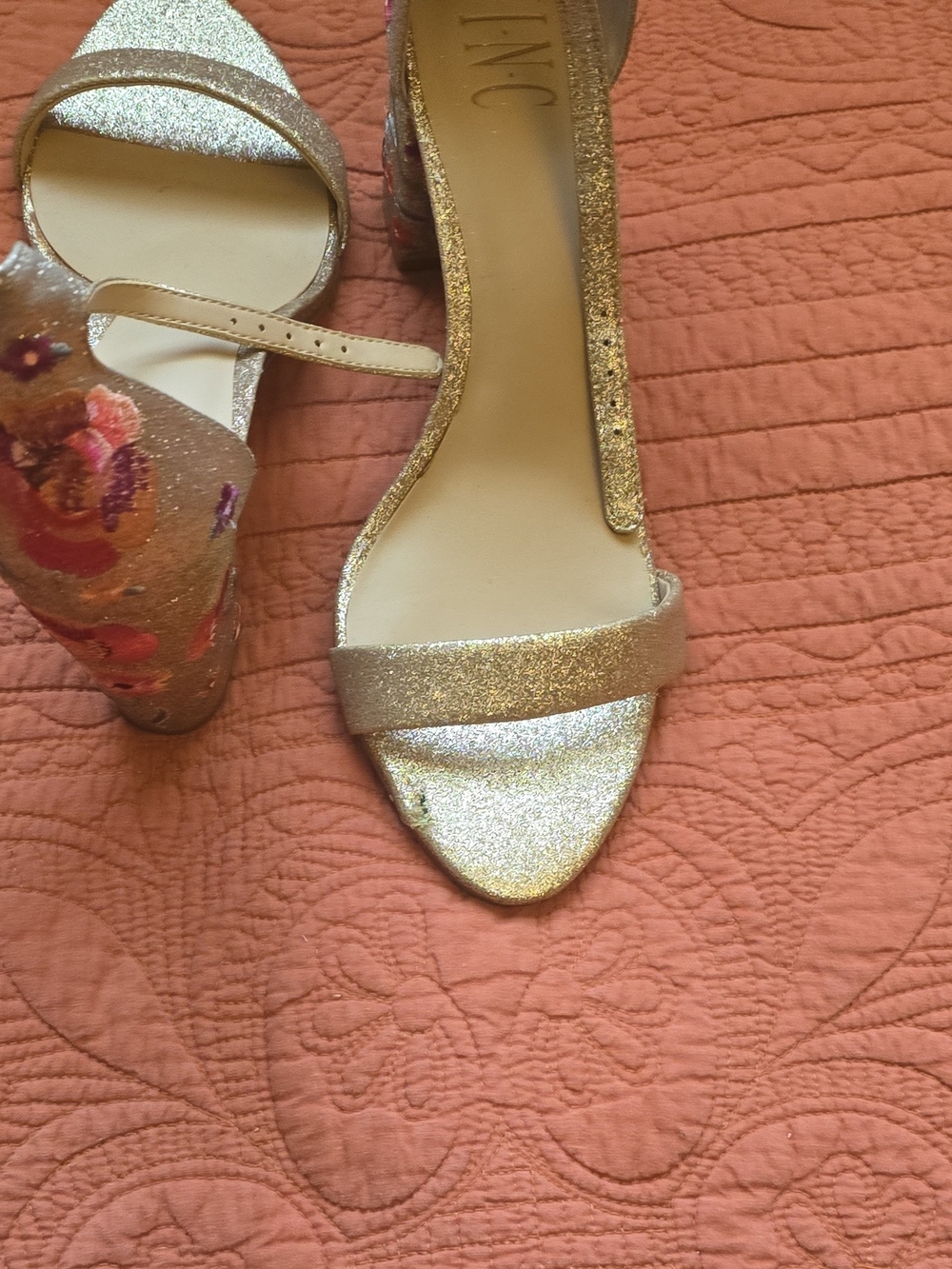 INC International Concepts Gold Glitter Floral Block Heel Sandals